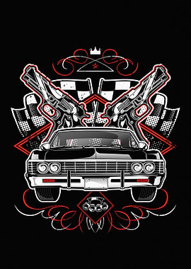 Classic Car with Guns and Flags