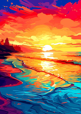 Colorful Beach Sunset Painting