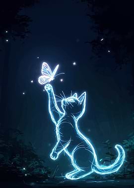 Glowing Cat and Butterfly in Forest
