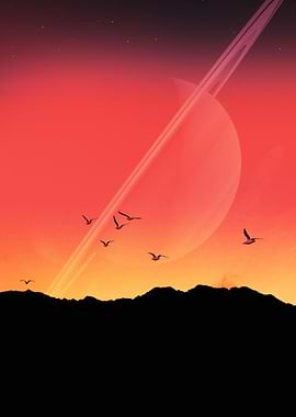 Birds Flying Under Ringed Planet