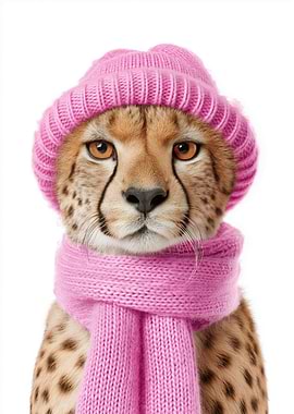 Cheetah with Pink Hat and Scarf