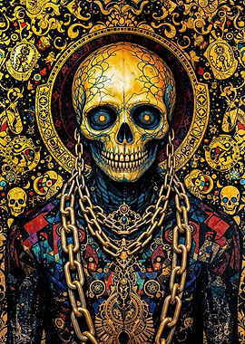 Ornate Skull with Gold Chains