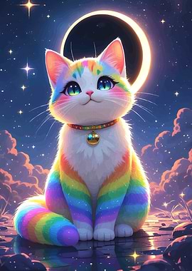 Rainbow Cat Moonlit Sky