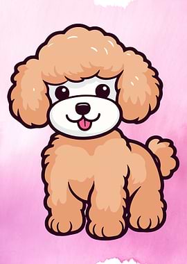 Cute Cartoon Poodle on Pink Background