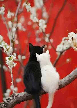Black and White Cats on Branch