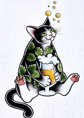 Cat with Beer and Hop Pattern