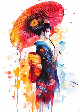 Watercolor Geisha with Umbrella