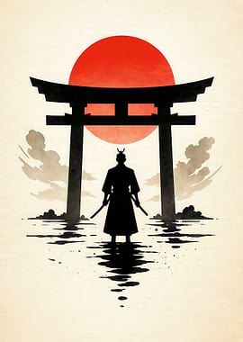 Samurai Silhouette with Torii Gate