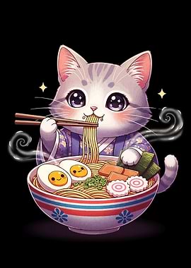Cute Cat Eating Ramen Illustration