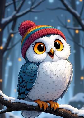 Cute Happy Winter Owl with Colorful Beanie