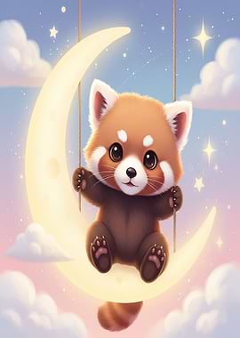 Cute Red Panda on Moon Swing