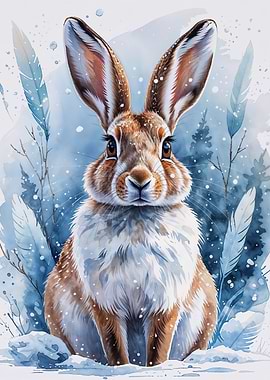 Watercolor Rabbit in Winter Scene