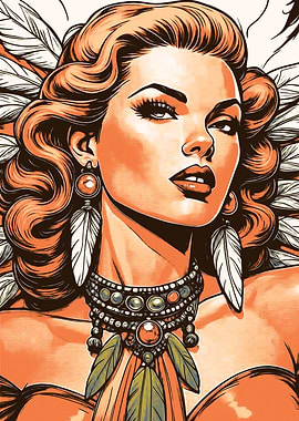 Retro Woman with Feathers Illustration