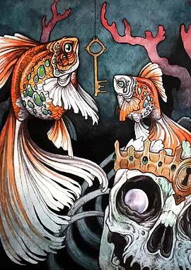 Goldfish, Skull, and Key Watercolor Painting