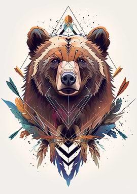 Geometric Bear with Feathers and Arrows