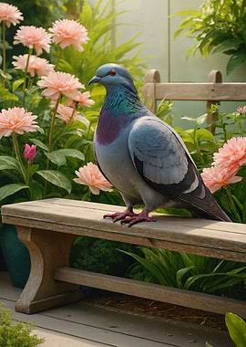 Pigeon on a bench in garden