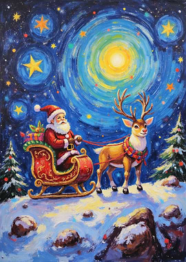 Santa and Reindeer Christmas Night Painting