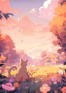 Cat Gazing at Sunset Landscape