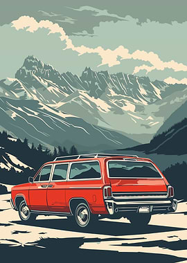 Red Station Wagon Mountain Landscape