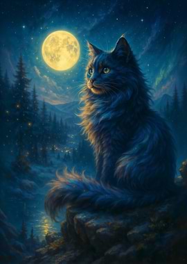 Mystical Cat Under the Glowing Full Moon
