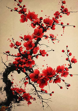 Red Plum Blossom Watercolor Painting