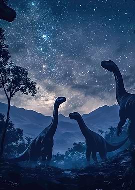 Dinosaurs starry night sky