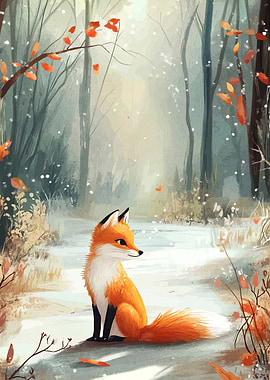 Fox in Winter Forest Painting