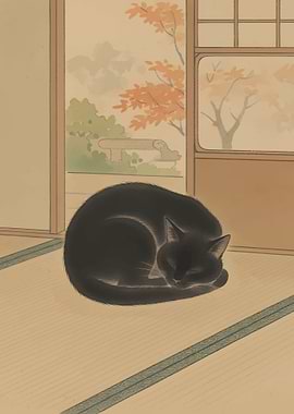 Sleeping Black Cat Japanese Art