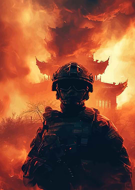 Soldier front Asian temple