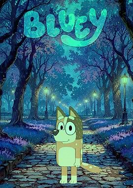 Bluey in a park at night