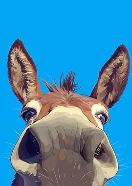 Close-up Donkey Portrait on Blue Background