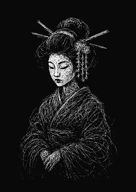 Geisha Sketch in Black and White Art