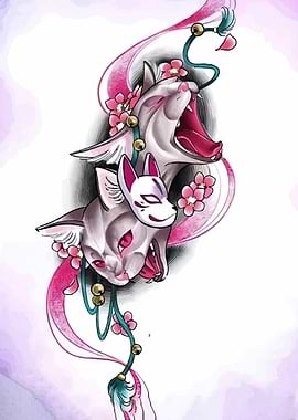 Two Cats with Mask and Flowers