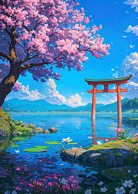 Japanese Landscape with Torii Gate and Cherry Blossoms