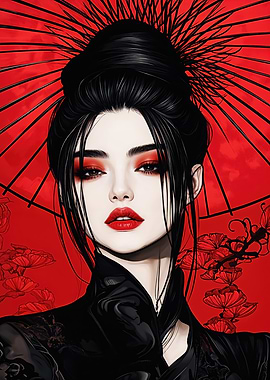 Geisha Portrait with Red Umbrella