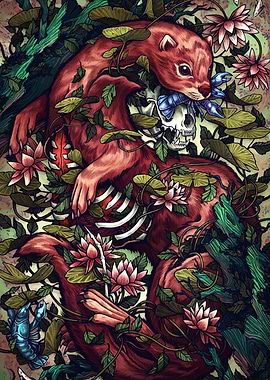 Otter, Skull, and Floral Arrangement