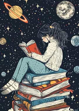 Girl Reading Books Space