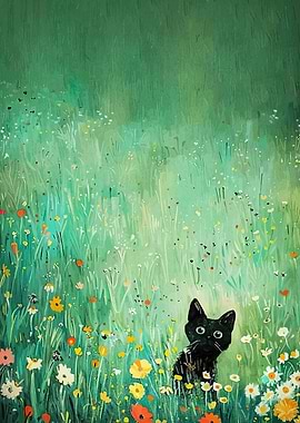 Black cat in a flower field