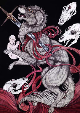 Wolf, Baby, Sword, and Skulls Art