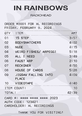 Radiohead In Rainbows Receipt Art