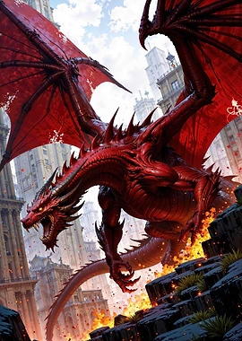 Red Dragon in Cityscape