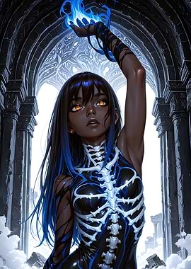Dark-skinned sorceress with blue flame