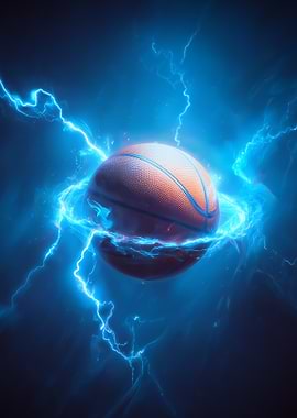 Basketball Ball Surrounded by Electric Blue Lightning