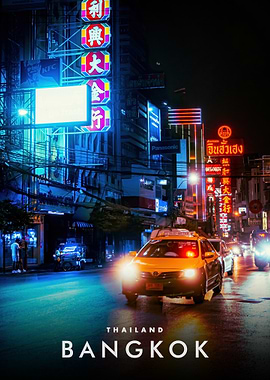 Bangkok Nightscape: Neon Lights and Taxis