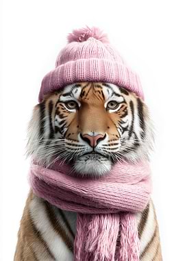 Cozy Tiger in Pink Hat and Scarf