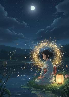 Anime Girl by Lake at Night