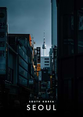 Seoul street view with N Seoul Tower