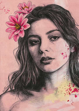 Woman Portrait with Flowers and Splatters