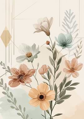 Watercolor Floral Arrangement with Geometric Accents