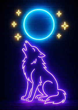 Neon Wolf Howling at the Moon